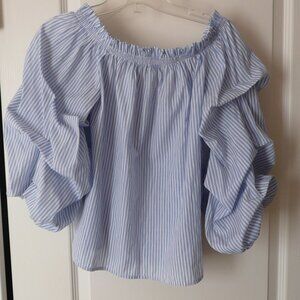 Revamped Women's off the Shoulder Blouse Blue White Striped Top Balloon Sleeves